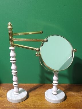 Gold and White Swivel Vanity Mirror and Towel Rack with Marble Bases